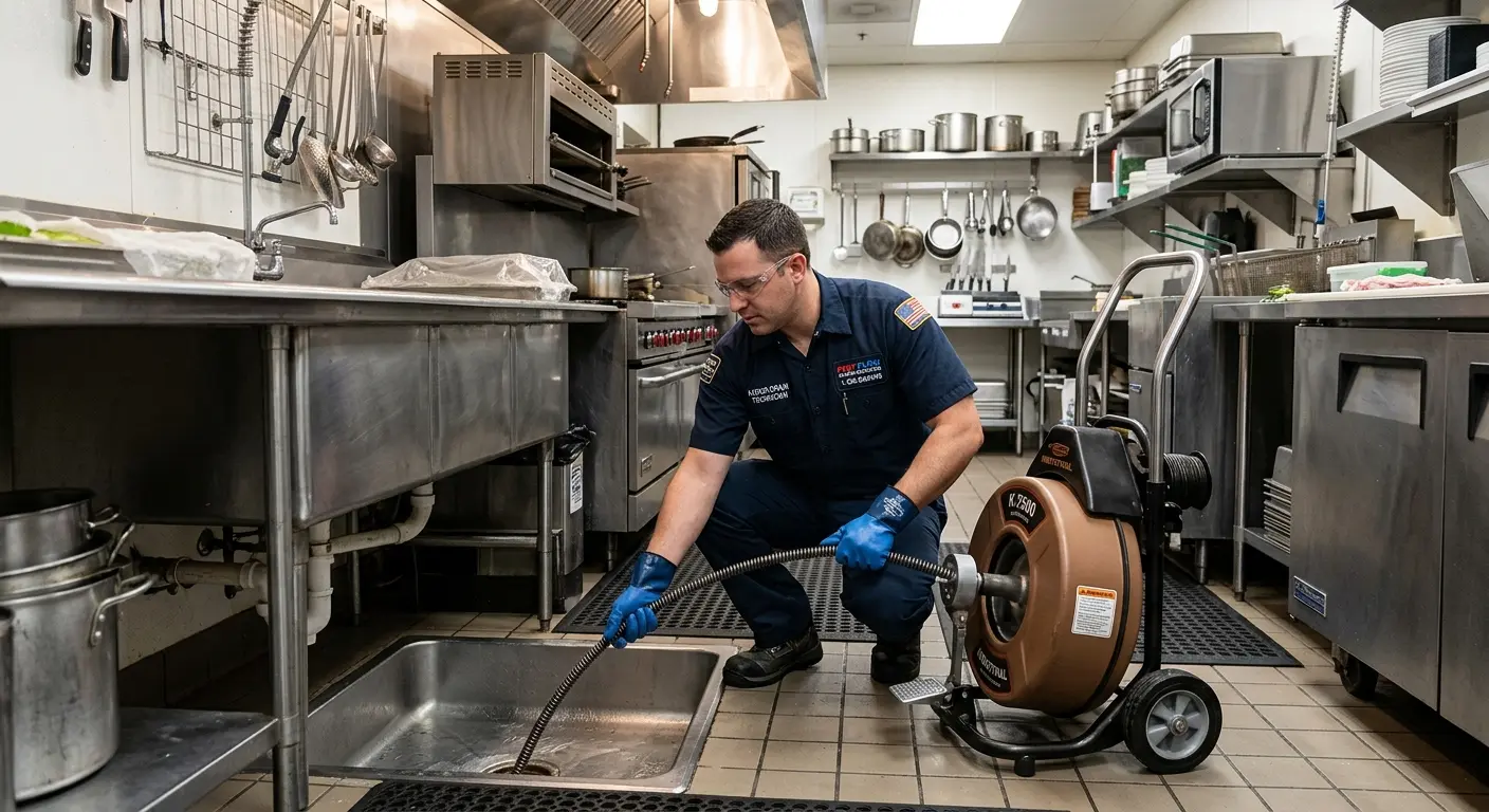 Commercial drain cleaning service in a restaurant kitchen in Midland