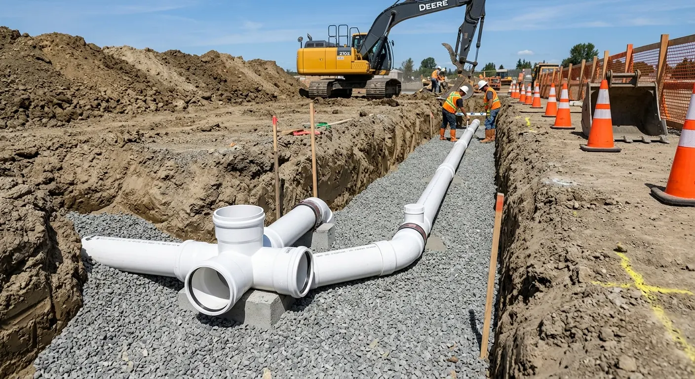 New PVC sewer pipe installation in open trench for Grease Trap Cleaning in Midland