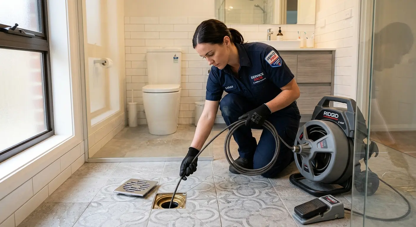 Technician clearing a bathroom floor drain for Sewer Line Replacement in Midland